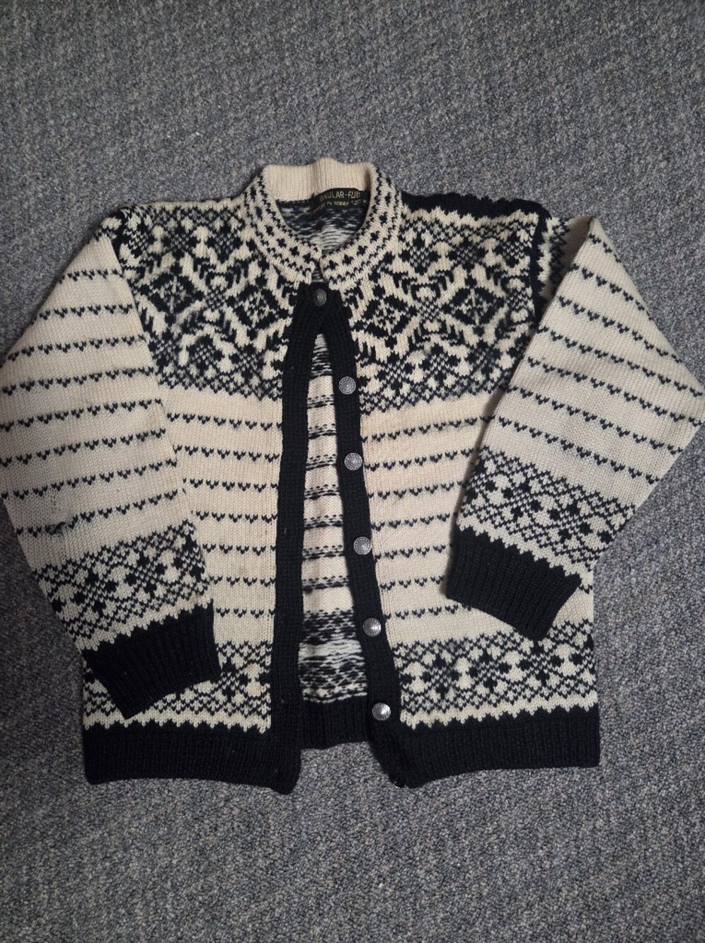 Classic Black and Cream Nordic Knit Cardigan Sweater - 100% Wool
